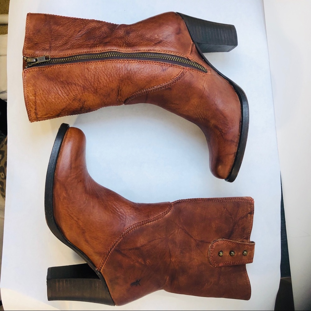 Frye Stacked Heel Distressed Leather Short  Boots